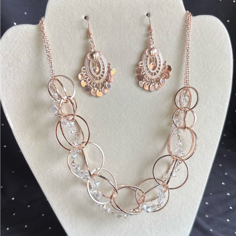 Rose Gold Crystal Circle Link Necklace & Earrings Set